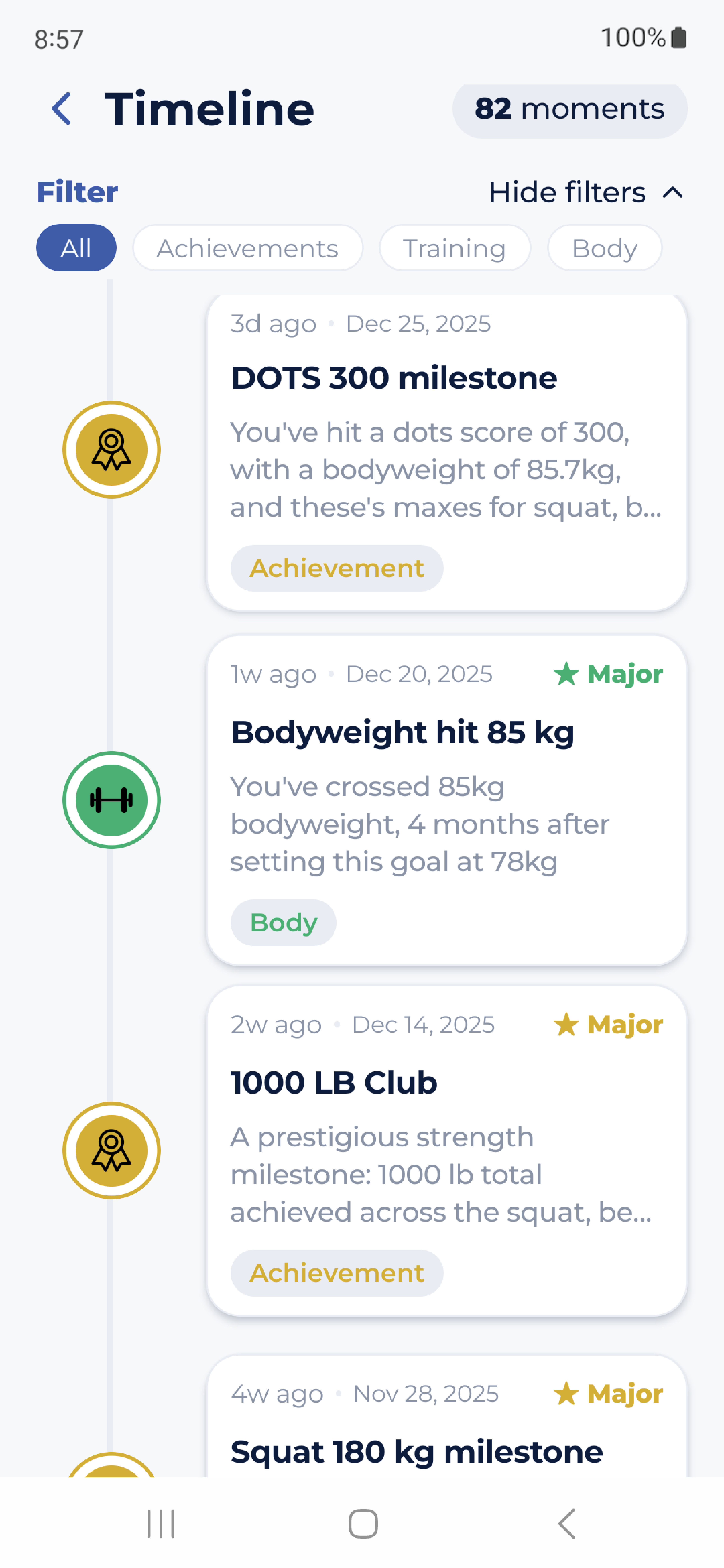 Screenshot: Full ultra-personalised timeline of your achievements