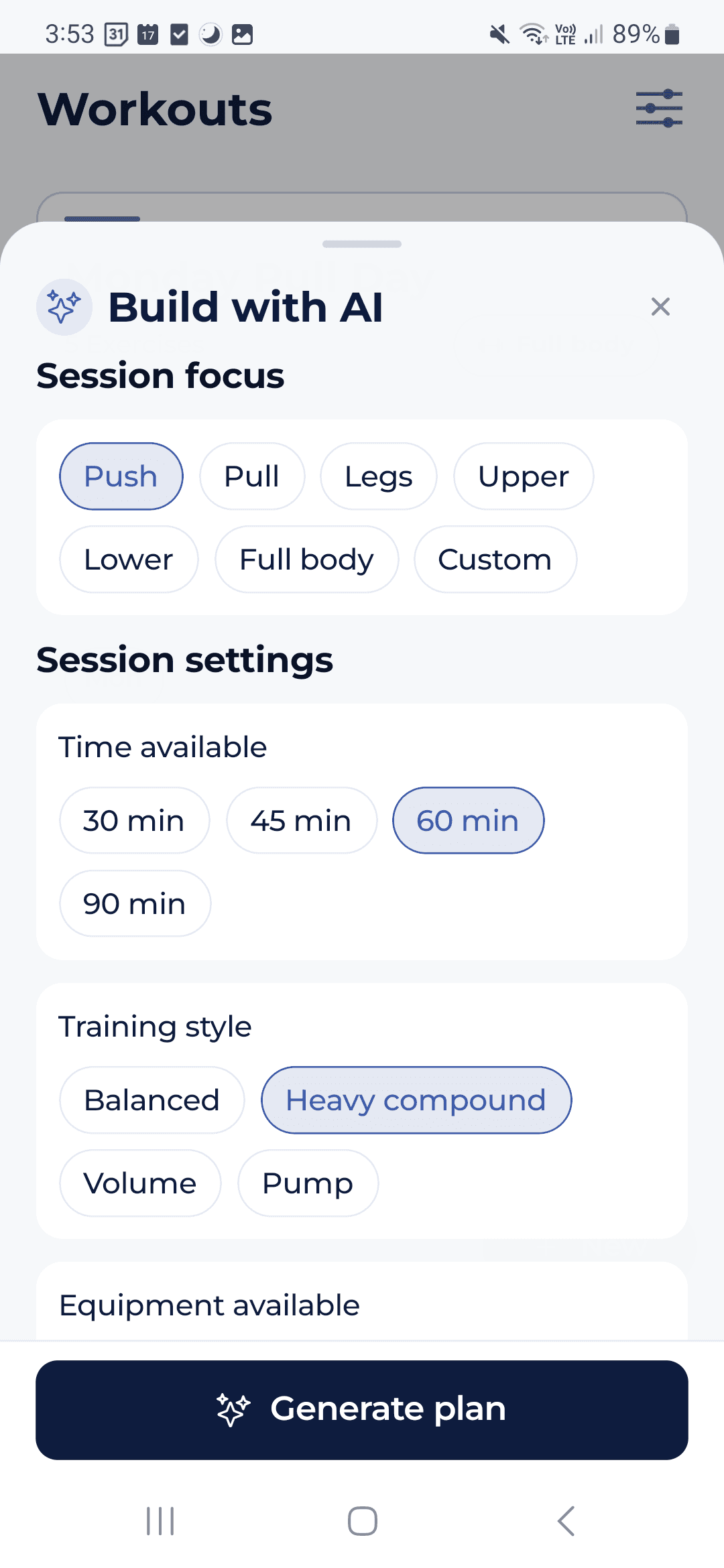 AI workout builder screenshot